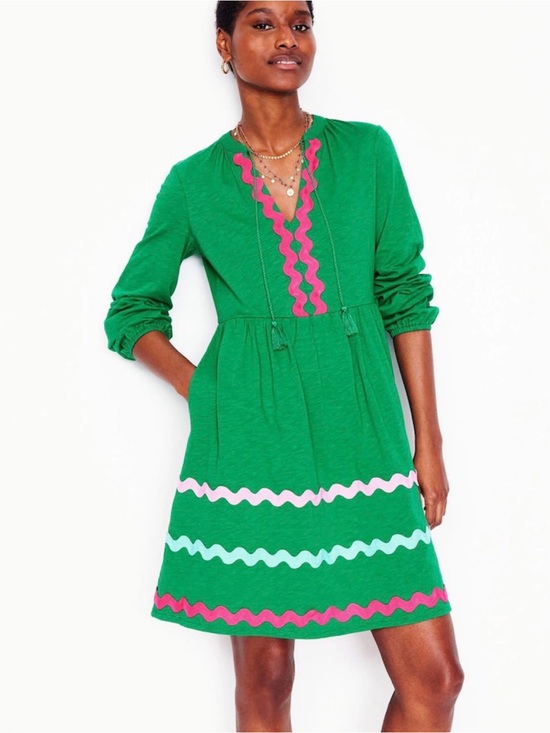 Boden Dresses & Skirts - Boden Boho Corinna Ric Rac Green Long Sleeve Jersey Dress Festive & Fun